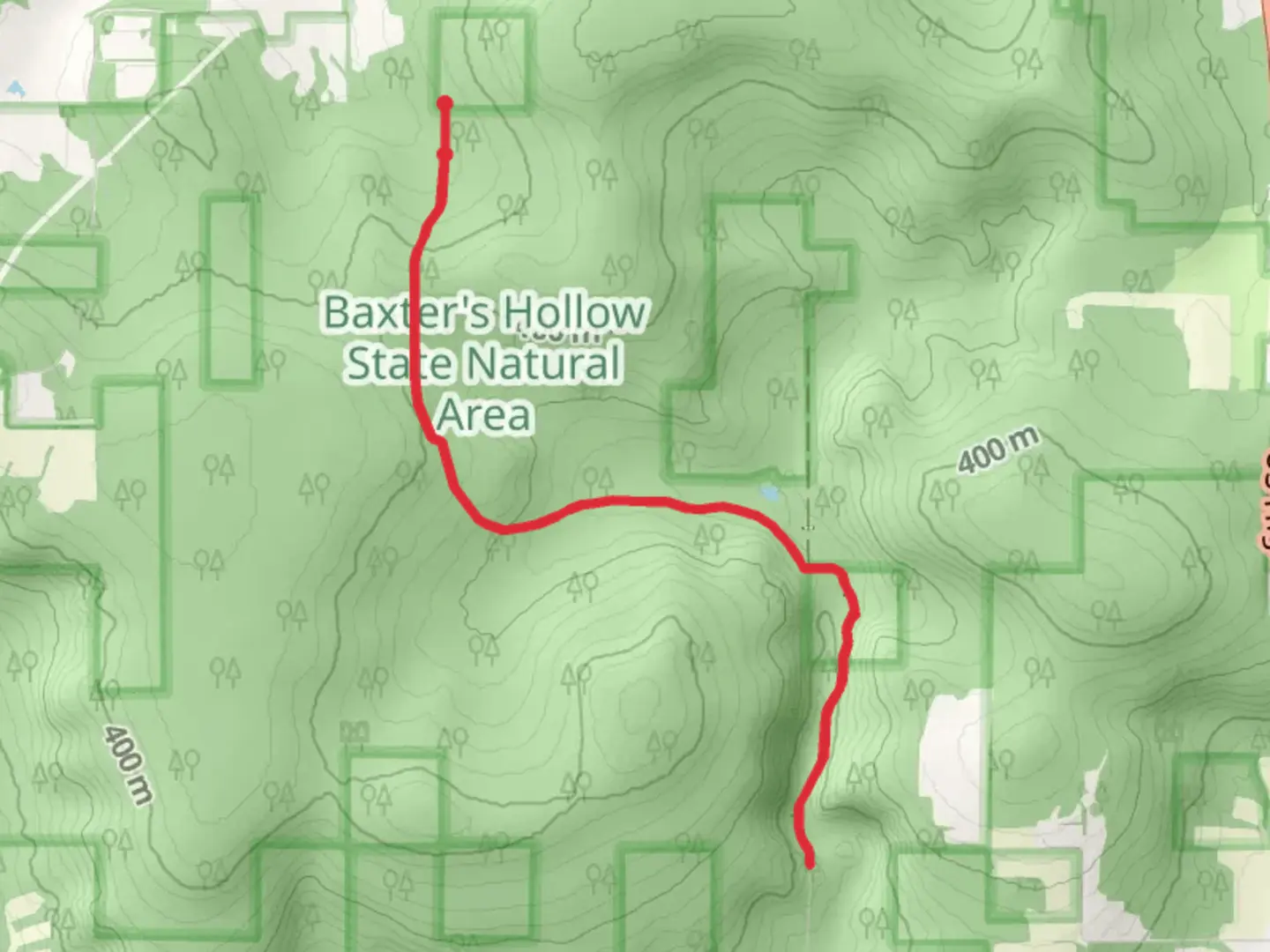 An image depicting the trail Baxter's Hollow Trail and its surrounding area.