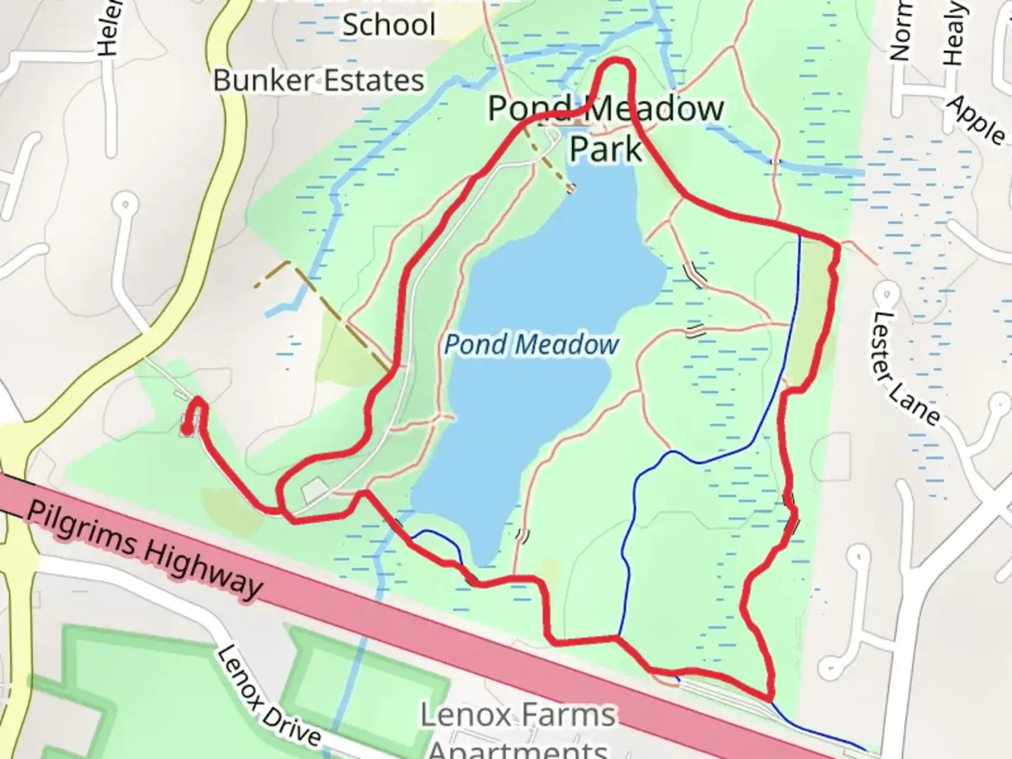 An image depicting the trail Pond Meadow Park Loop and its surrounding area.