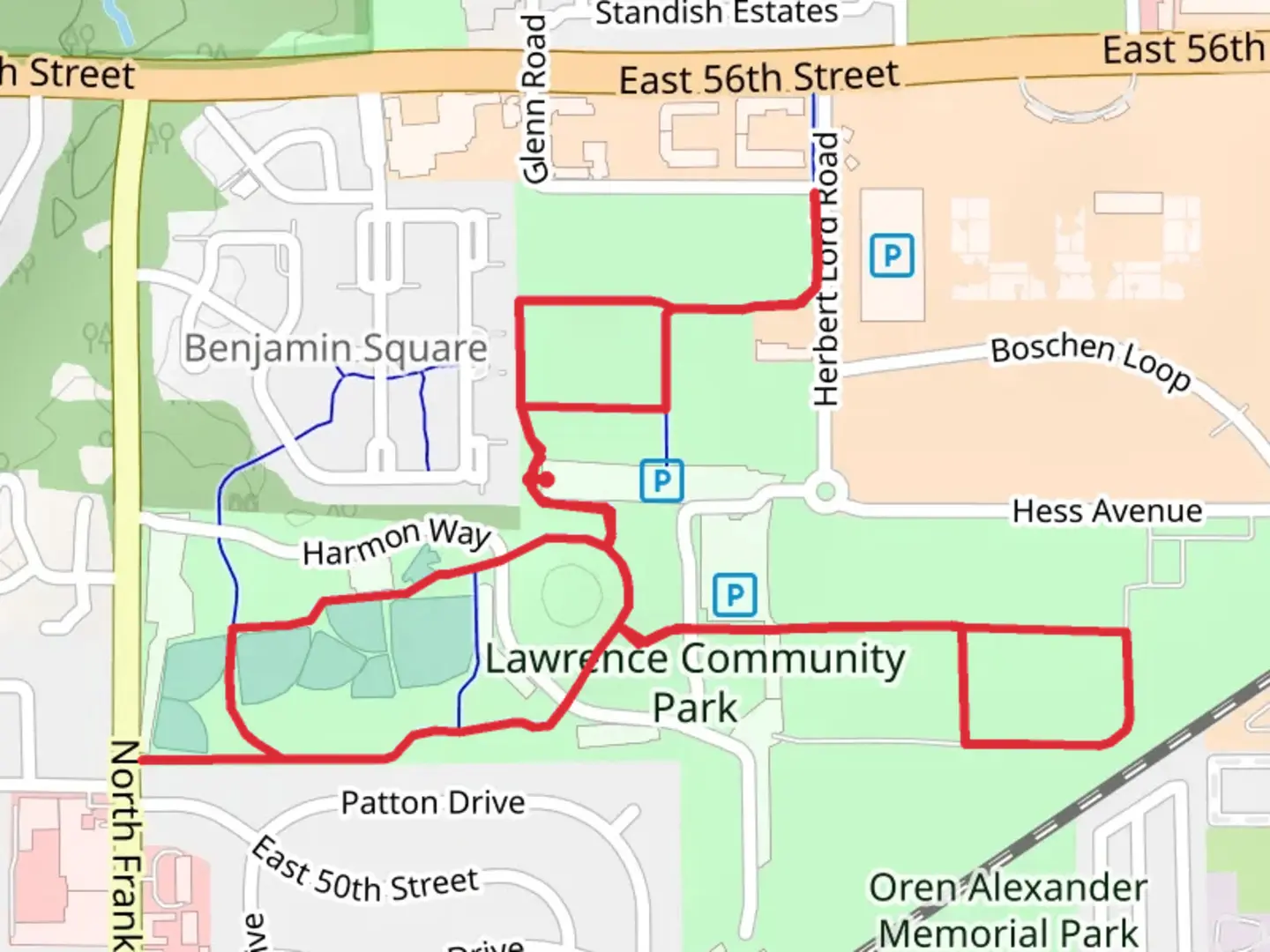 An image depicting the trail Lawrence Community Park Loop and its surrounding area.