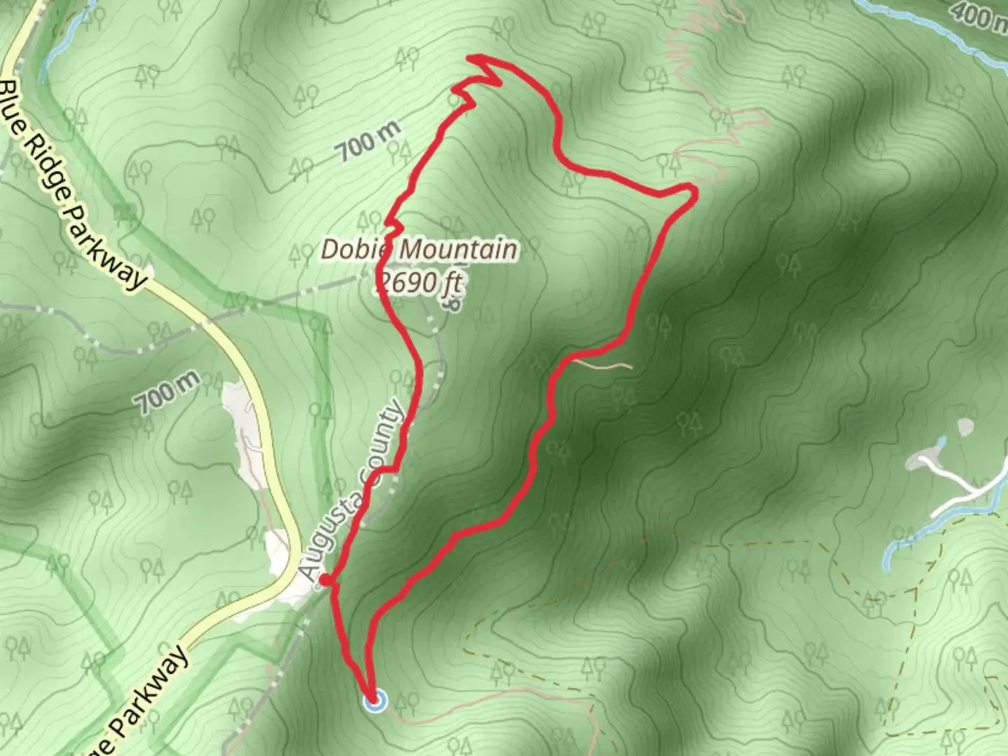 An image depicting the trail Dobie Mountain via Jack Albright and Appalachian Trail and its surrounding area.