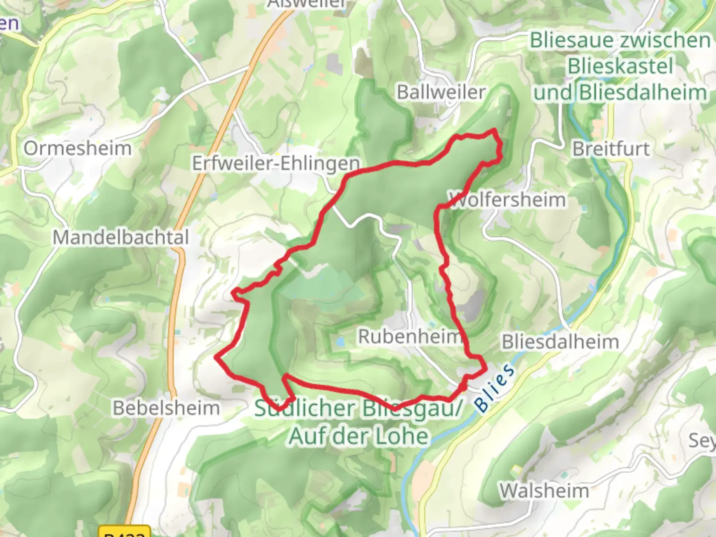 An image depicting the trail Herbitzheim Loop via Auf der Lohe and its surrounding area.