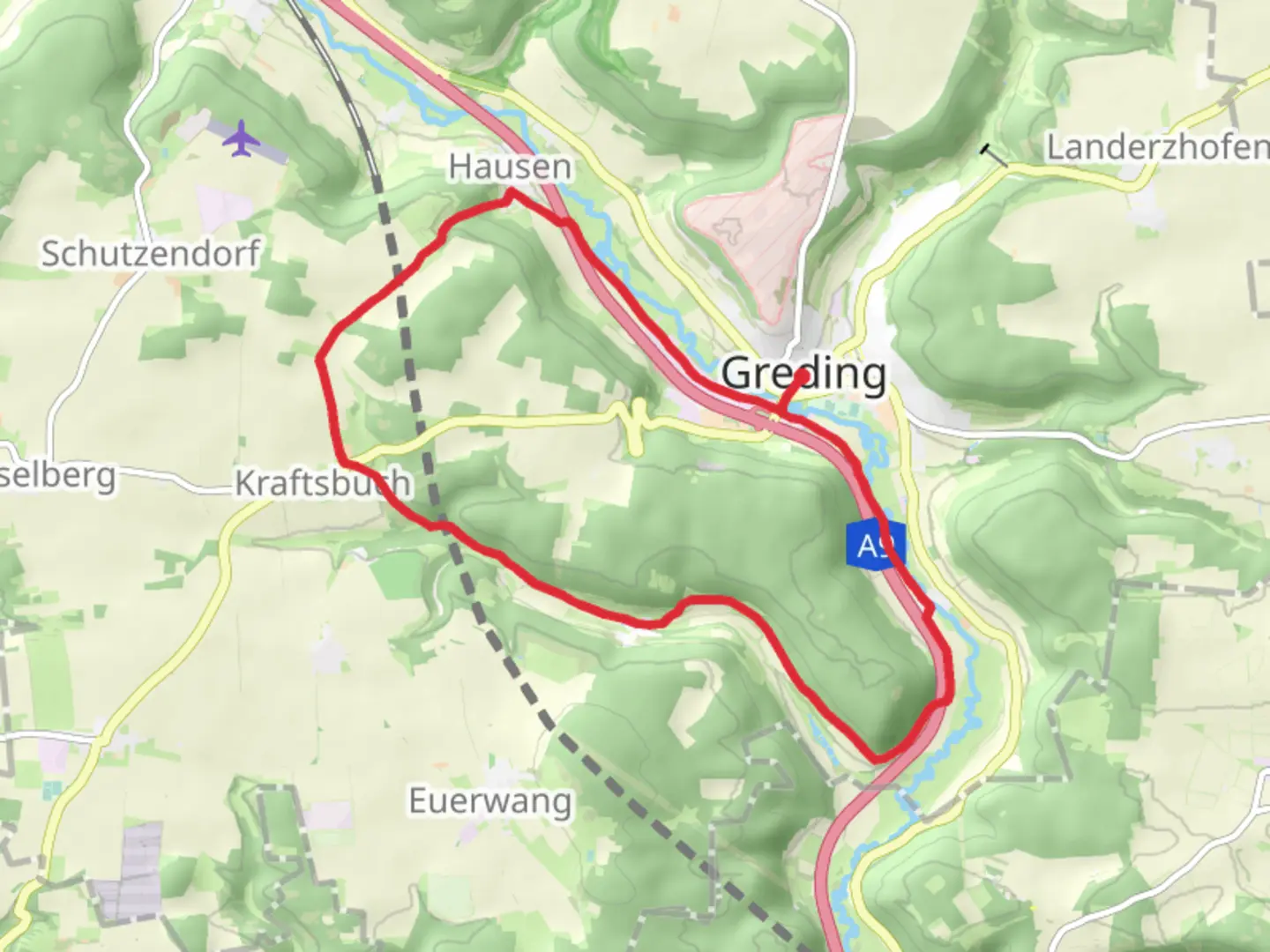 An image depicting the trail Greding to Heimbach Loop and its surrounding area.