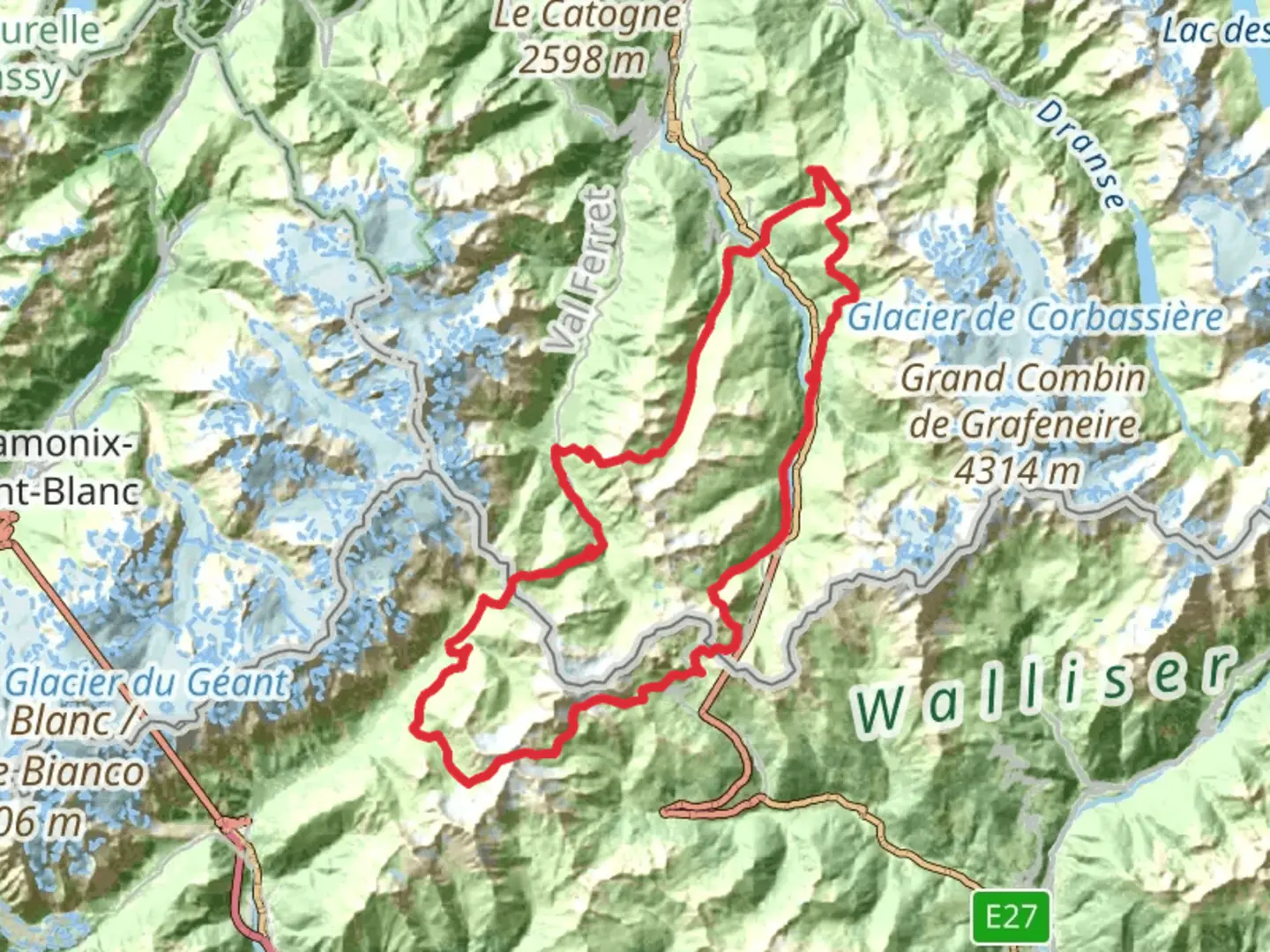 An image depicting the trail Tour du Saint Bernard and its surrounding area.