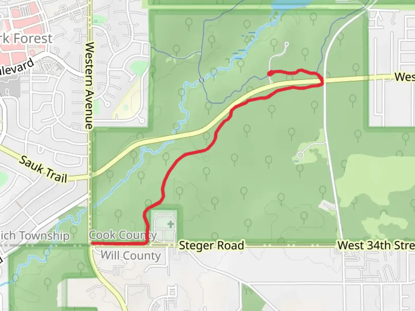 An image depicting the trail Thorn Creek Black Paved Loop and Thorn Creek Purple Paved Trail and its surrounding area.