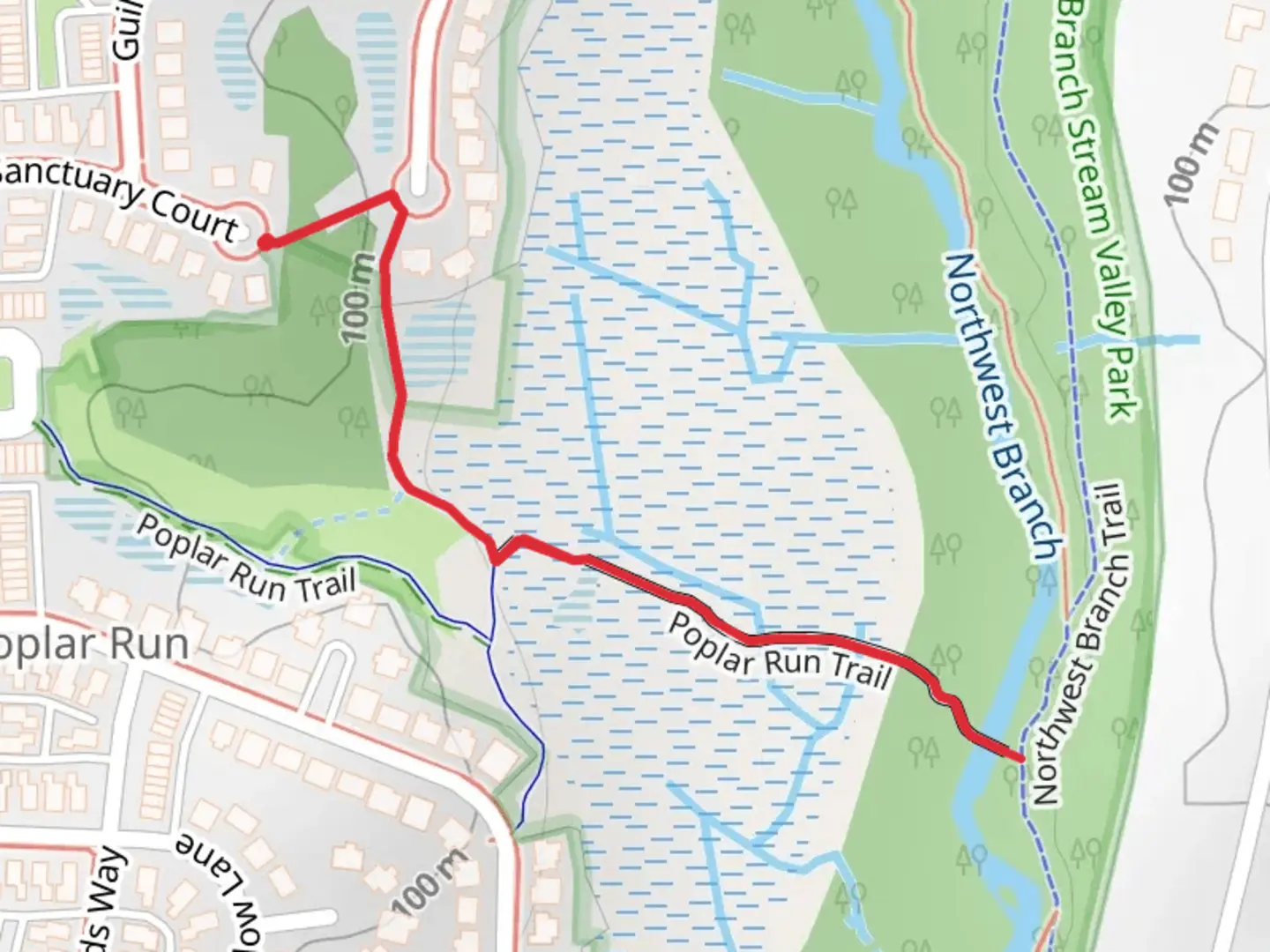 An image depicting the trail Poplar Run Trail and its surrounding area.