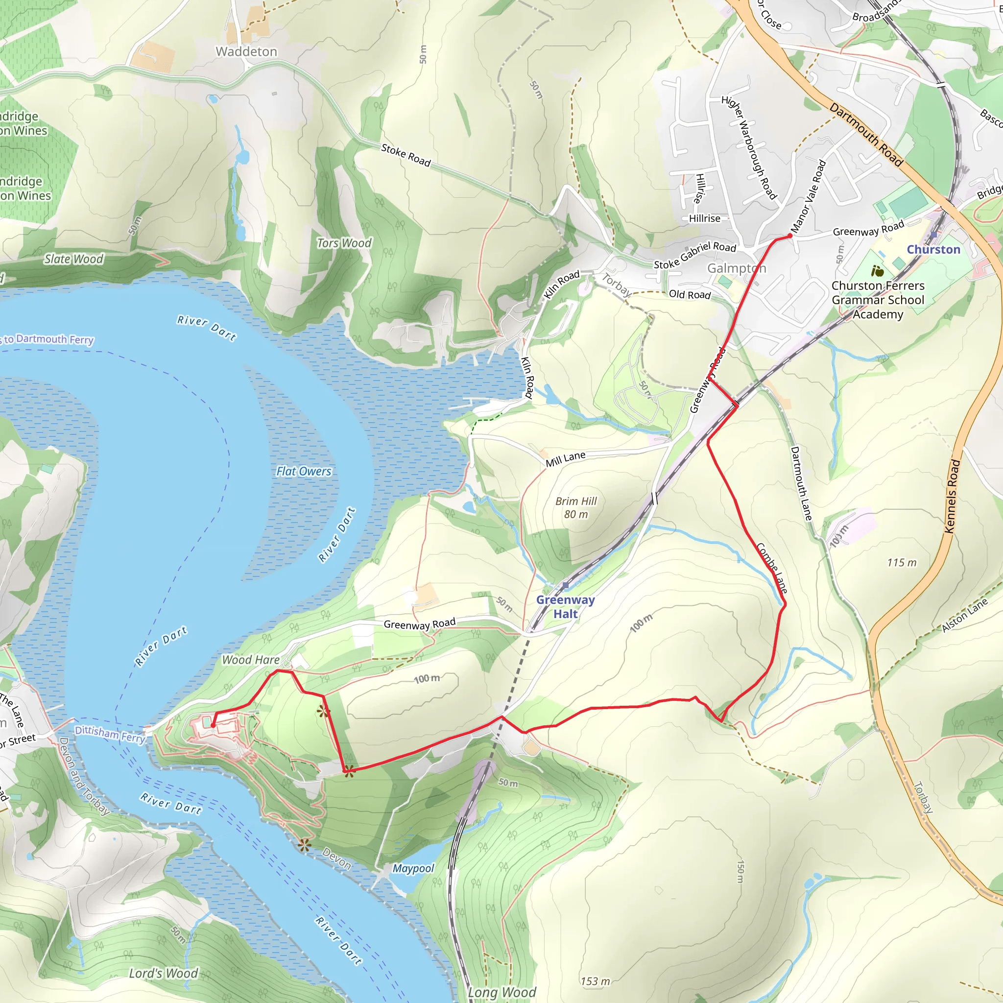 Galmpton to Greenway Walk via Coombe Lane mobile static map