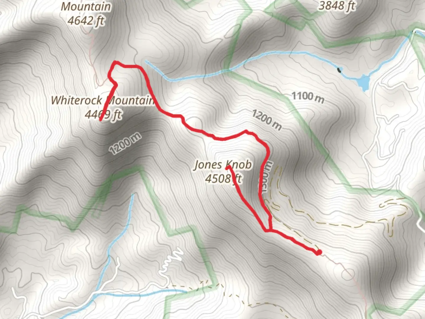 An image depicting the trail Jones Knob and Whiterock Mountain via Bartram Trail and its surrounding area.