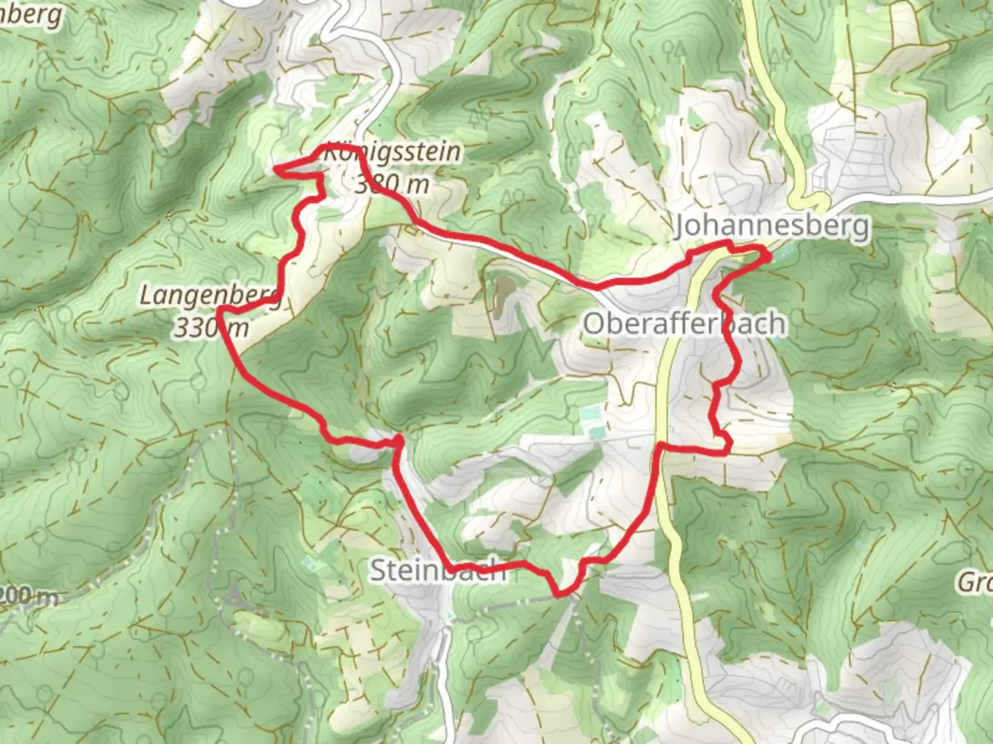 An image depicting the trail Langenberg via Fraenkischer Marienweg and Kulturweg Kleinostheim and its surrounding area.