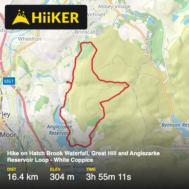 A map preview of the recording Hike on Hatch Brook Waterfall, Great Hill and Anglezarke Reservoir Loop - White Coppice.
