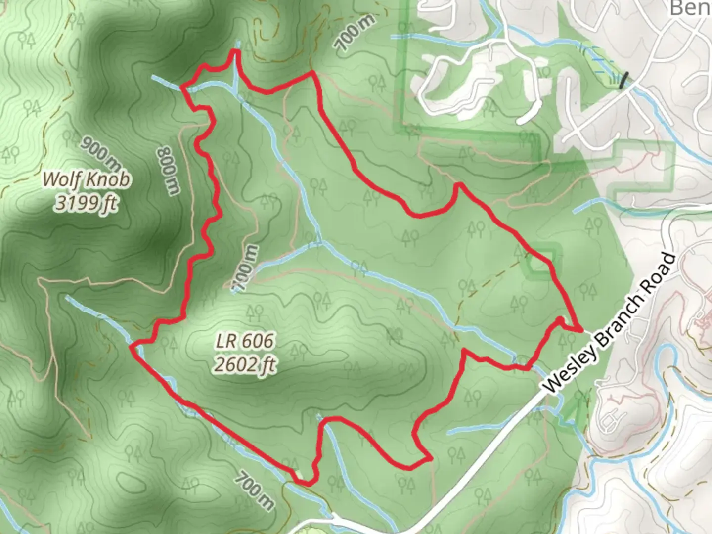 An image depicting the trail Rice Pinnacle and Ledford Branch Road Loop and its surrounding area.