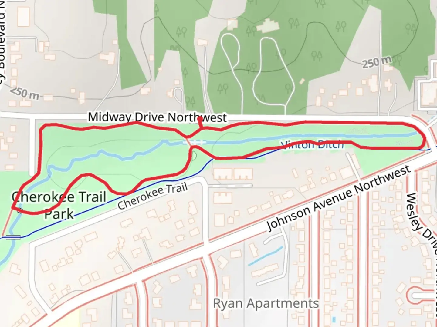 An image depicting the trail Cherokee Trail Park Loop and its surrounding area.
