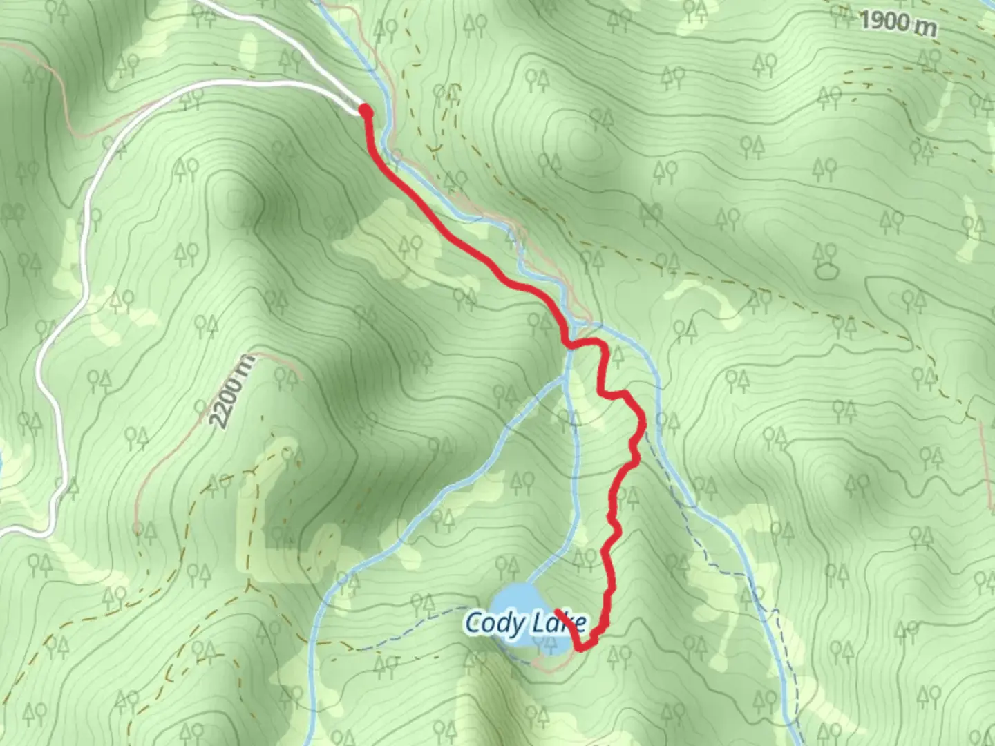 An image depicting the trail Cody Lake via Cody Meadows Trail and its surrounding area.