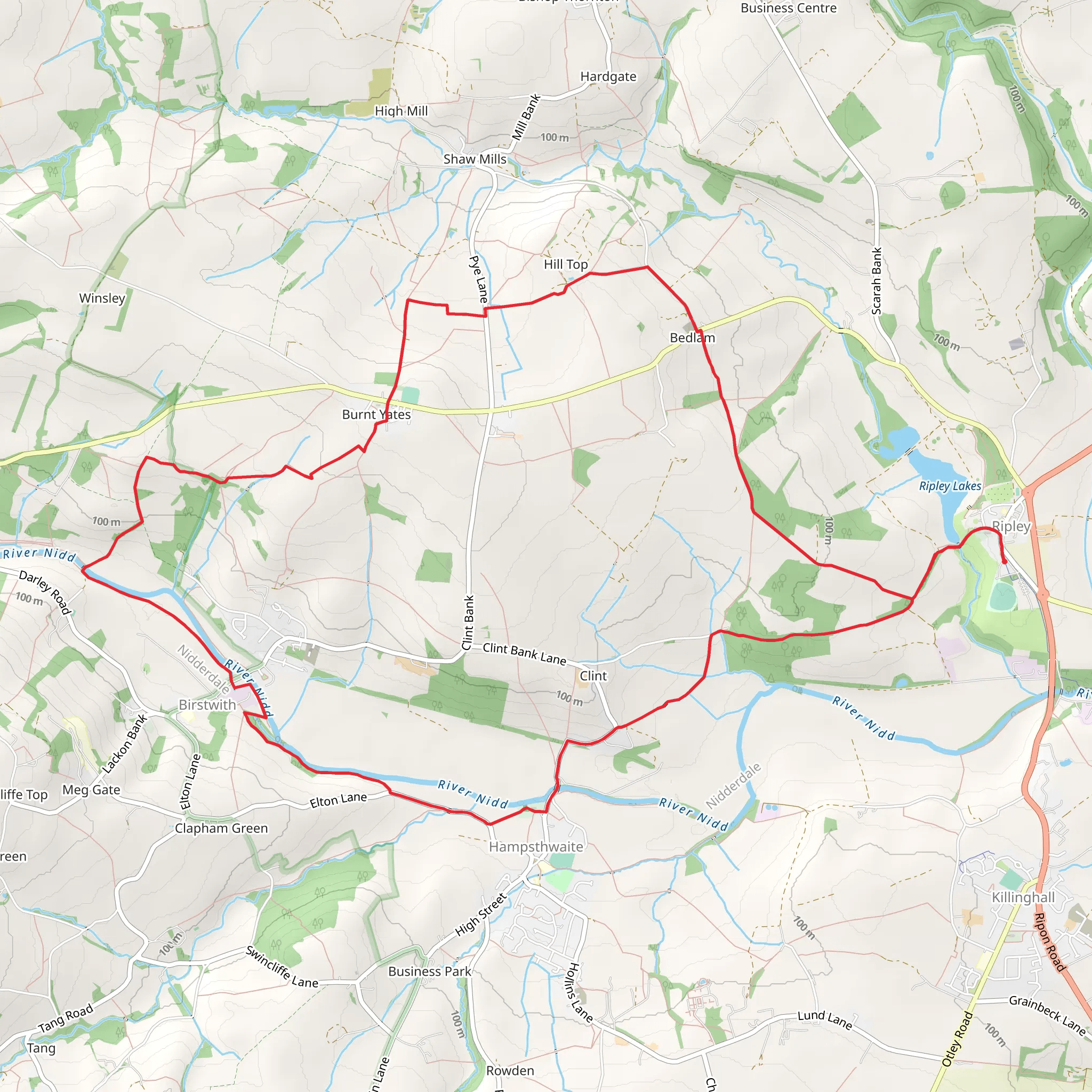 Ripley, Birstwith and Burnt Yates Circular Walk mobile static map