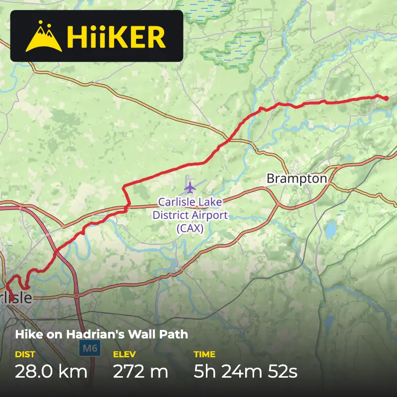 A map preview of the recording Hike on Hadrian's Wall Path.
