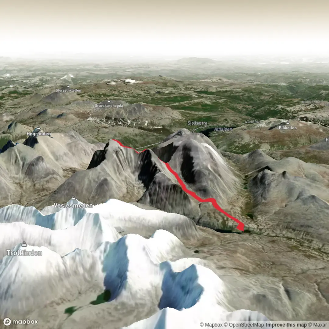 An image depicting the trail DNT Rondvassbu to DNT Bjørnhollia and its surrounding area.