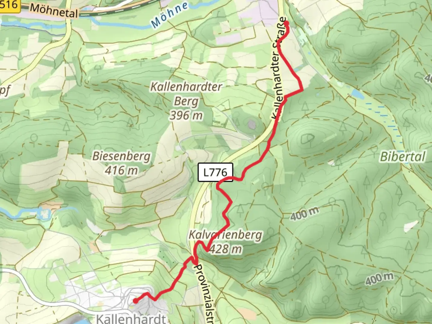 An image depicting the trail Kallenhardt to Biberbad Walk and its surrounding area.