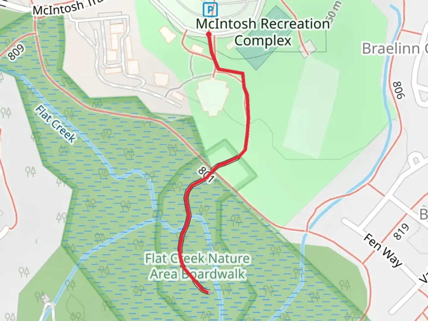 An image depicting the trail Flat Creek Nature Area Boardwalk and its surrounding area.