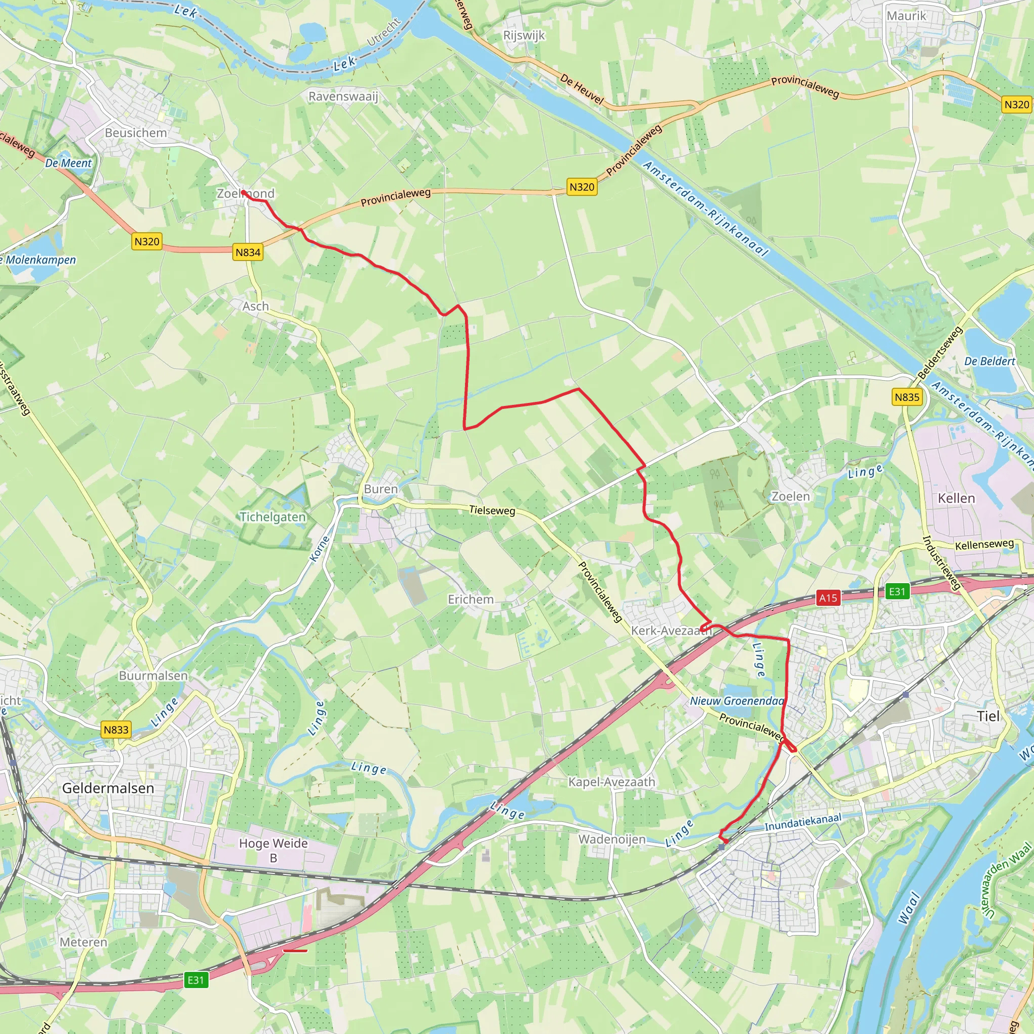 Zoelmond to Tiel Rassewaaij via Tielse Weg and Aalsdijk mobile static map