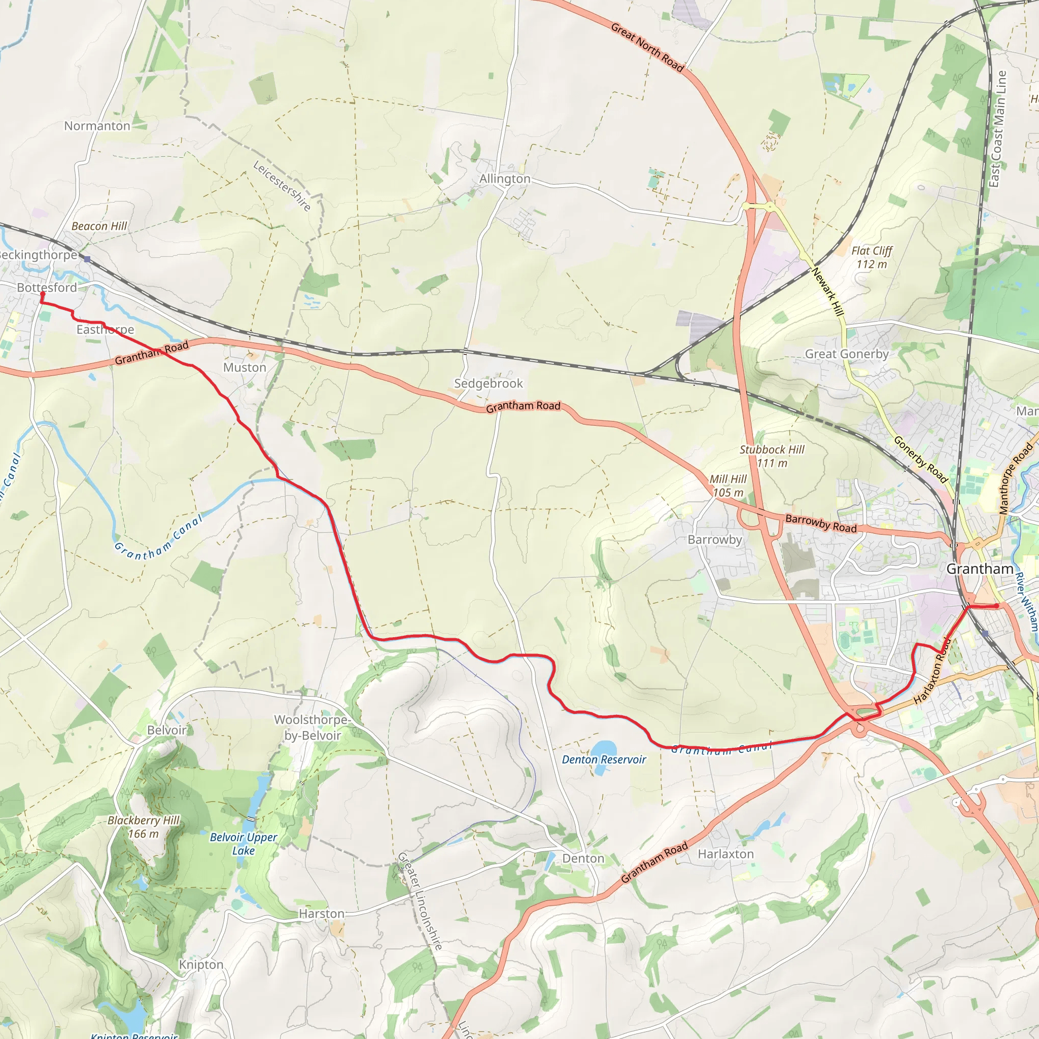 Bottesford to Grantham along Grantham Canal mobile static map