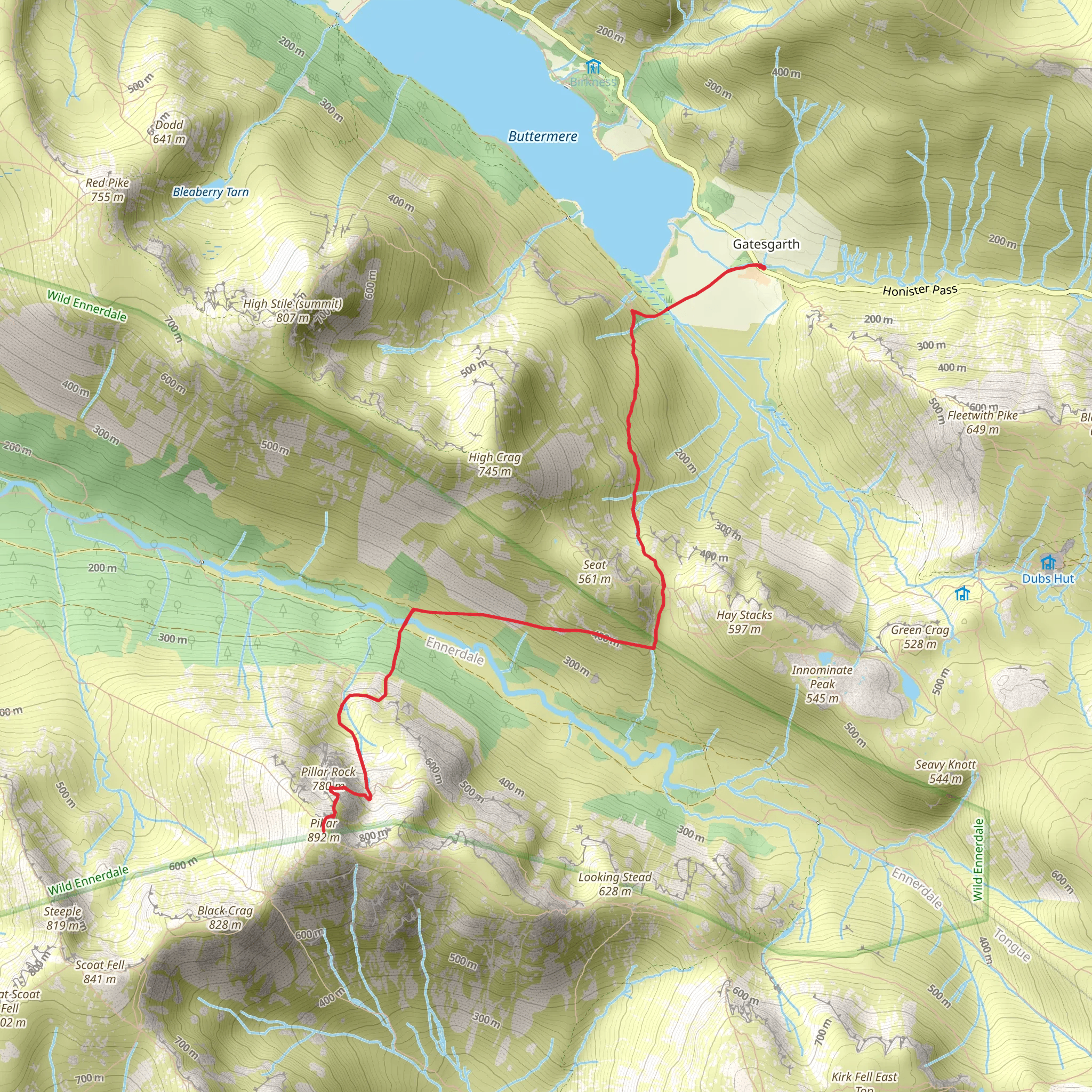 Pillar and Pillar Rock Walk from Gatesgarth mobile static map