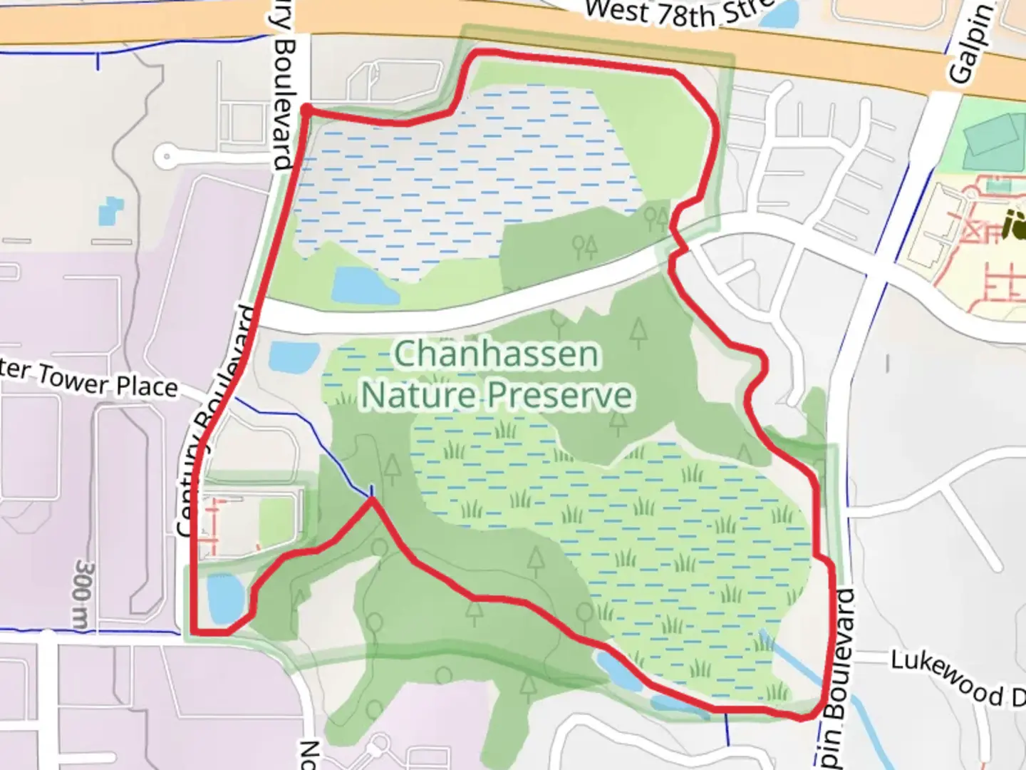 An image depicting the trail Chanhassen Nature Preserve Loop and its surrounding area.