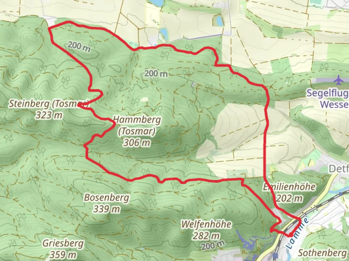 An image depicting the trail Güntherweg and Alte Frankfurter Heerstraße Loop and its surrounding area.