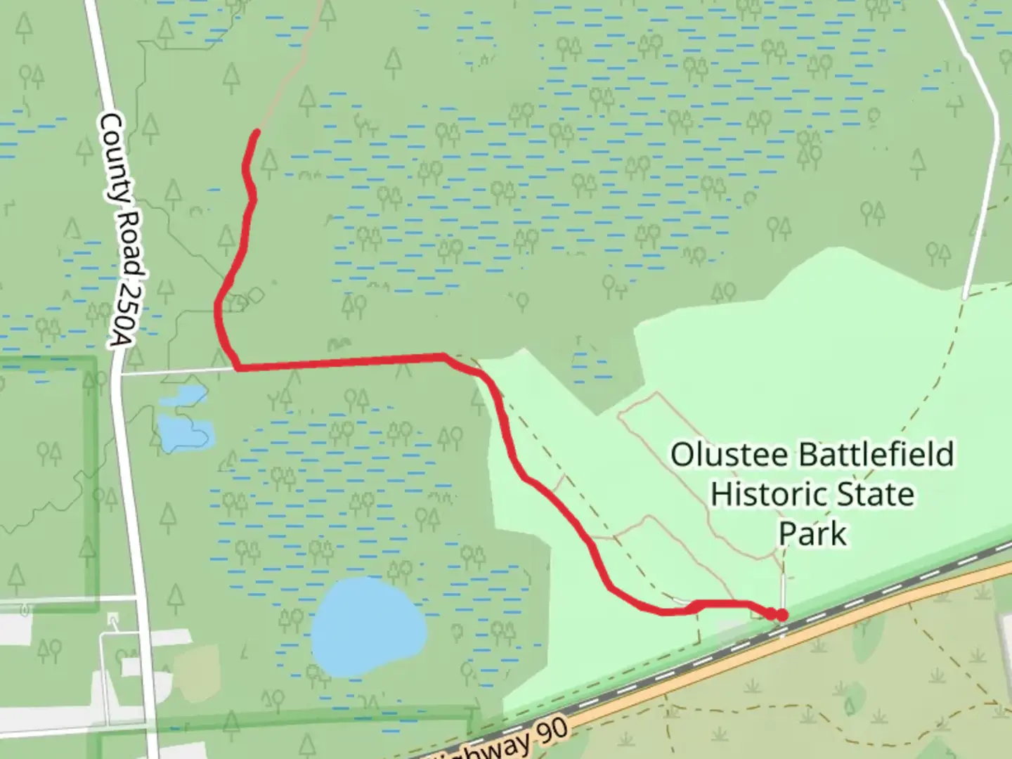An image depicting the trail Olustee Battlefield Historic State Park Trail - Short and its surrounding area.