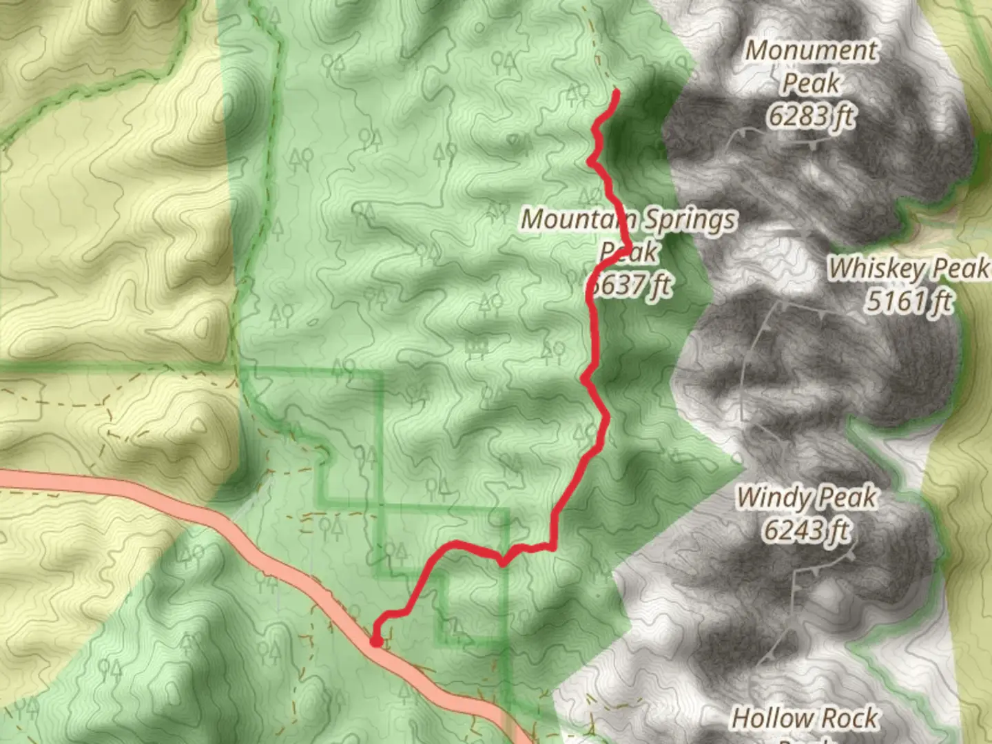 An image depicting the trail Mountain Springs Peak Trail and its surrounding area.