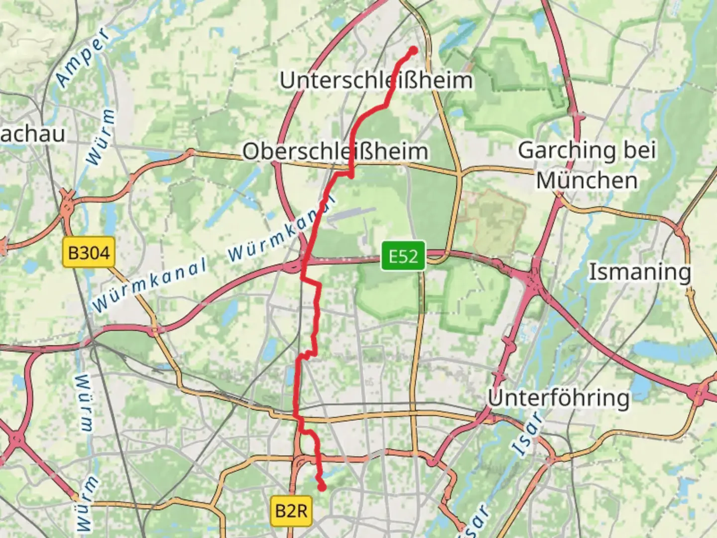 An image depicting the trail Lohhof to Olympia Park Walk and its surrounding area.