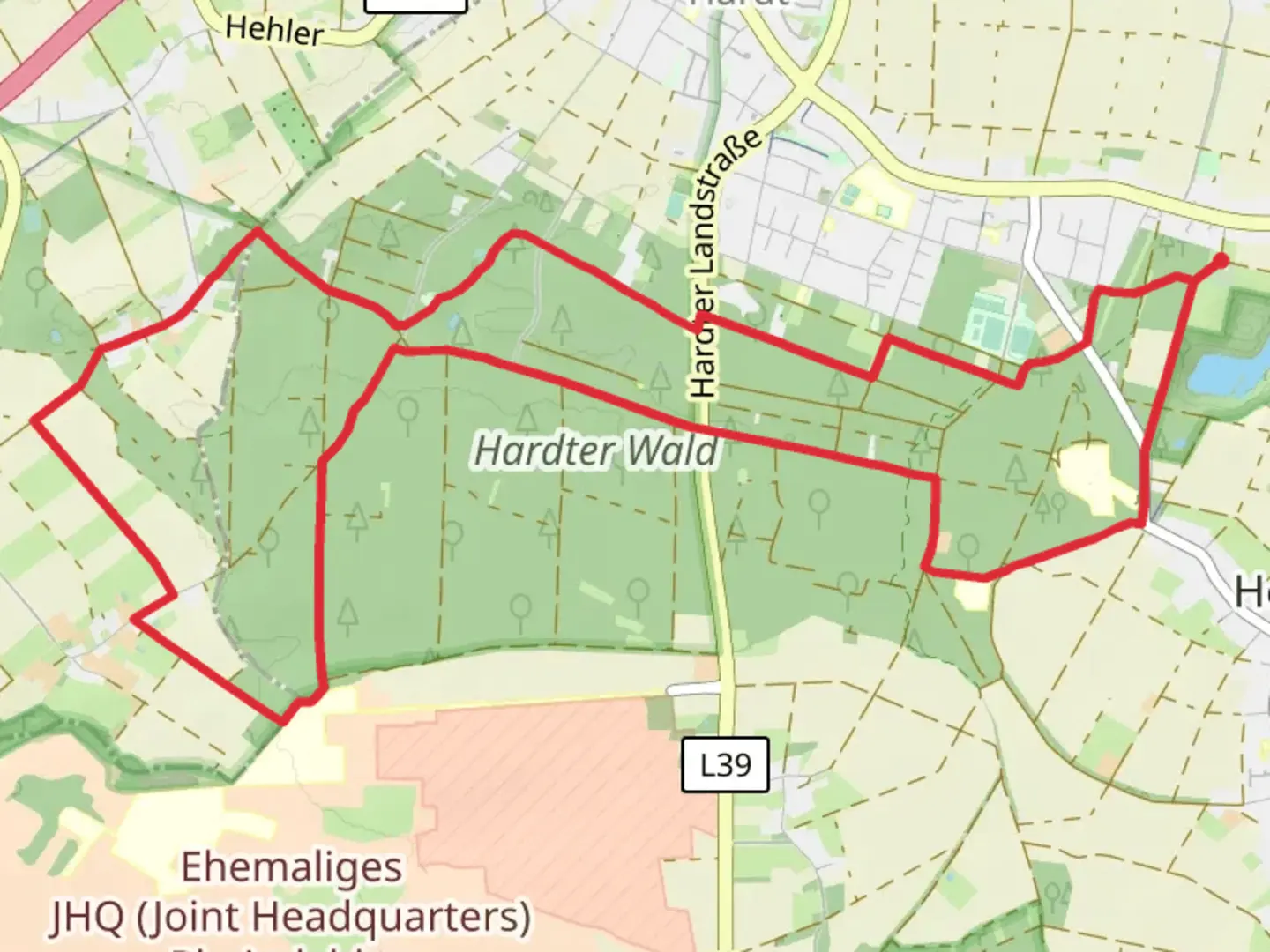 An image depicting the trail Hardter Wald Loop and its surrounding area.