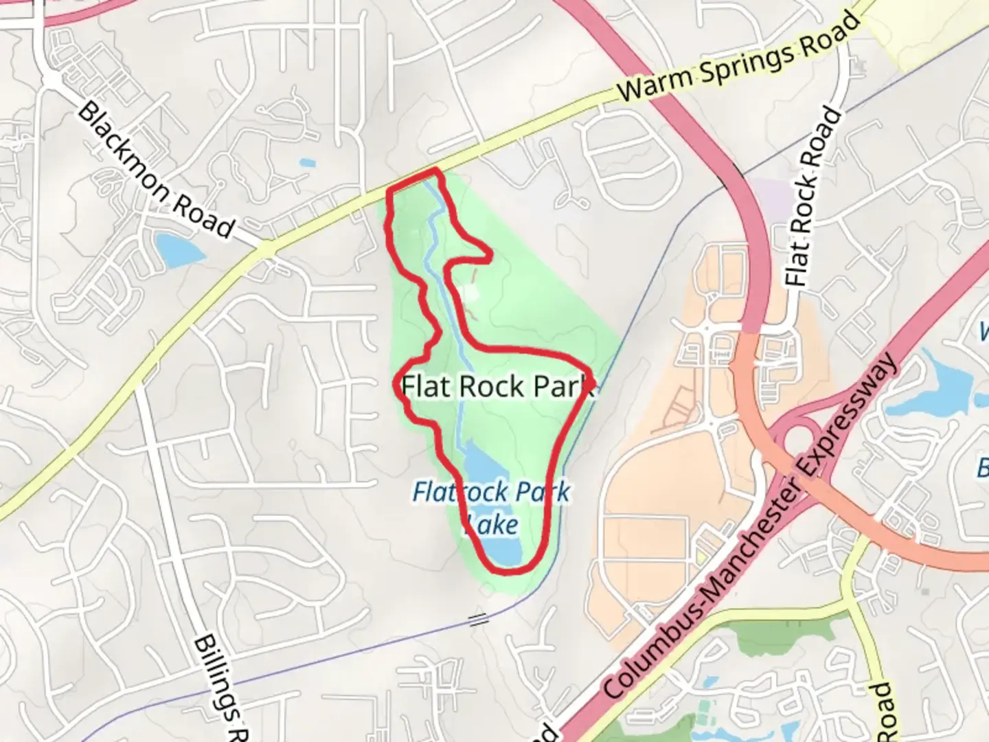 An image depicting the trail Watrock Park Lake and Flat Rock Park Loop and its surrounding area.