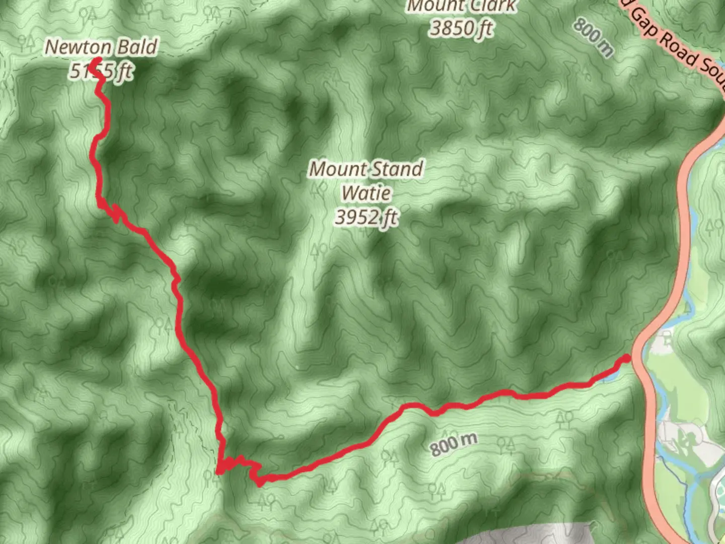 An image depicting the trail Newton Bald via Mingus Creek Trail and its surrounding area.