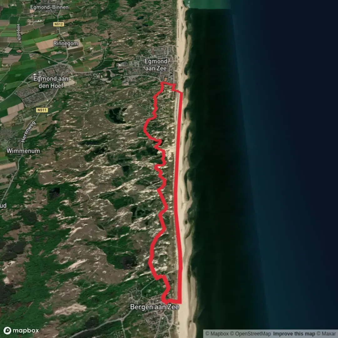 An image depicting the trail Recreatiegebied Strand Bergen aan Zee and Openluchtmuseum Loop and its surrounding area.