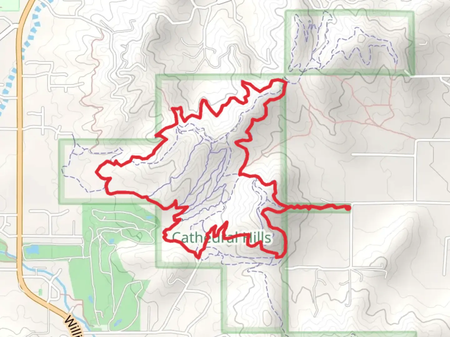 An image depicting the trail Outback, Zed's and Walker Loop Trail and its surrounding area.