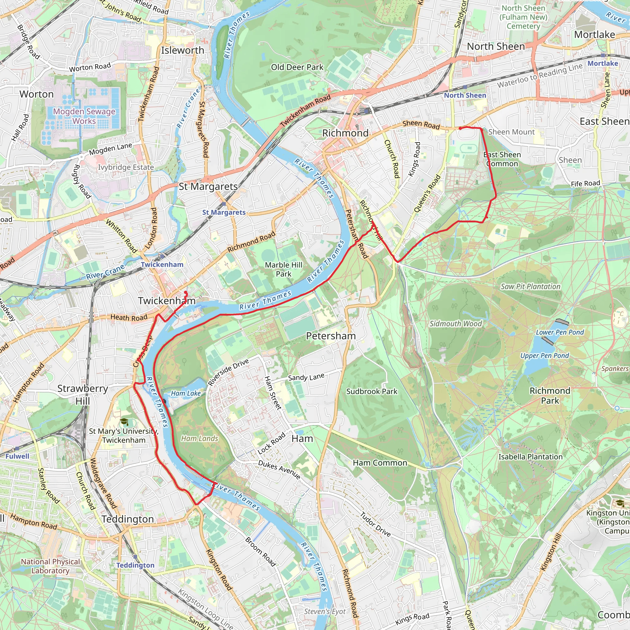Richmond Park to Twickenham via Teddington Lock mobile static map