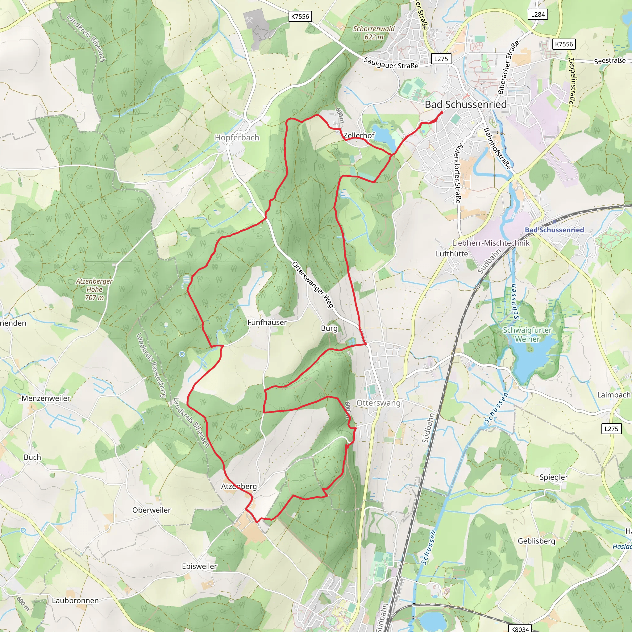 Bad Schussenried and Atzenberg Loop via Zeller See mobile static map