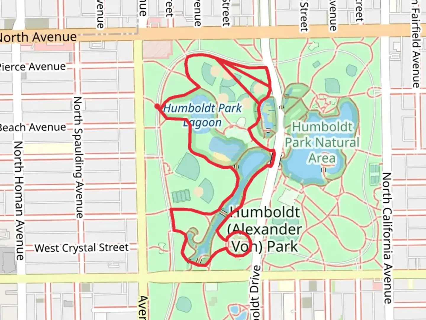 An image depicting the trail Humboldt Park Loop and its surrounding area.