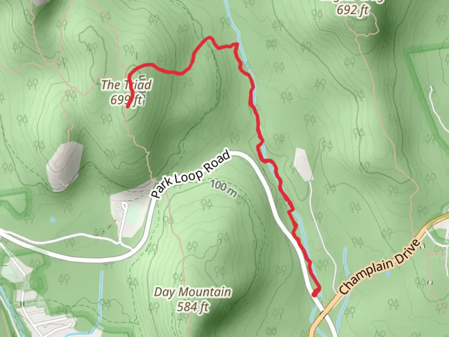 An image depicting the trail The Triad from Park Loop Road and its surrounding area.