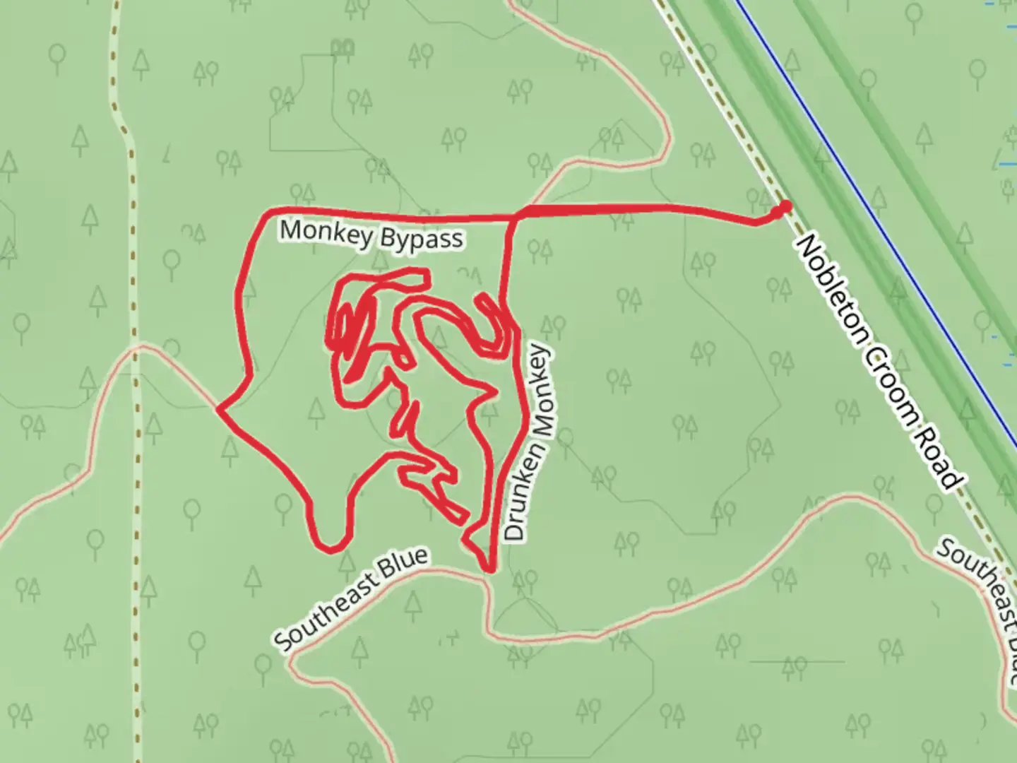 An image depicting the trail Monkey Bypass and Drunken Monkey Loop and its surrounding area.