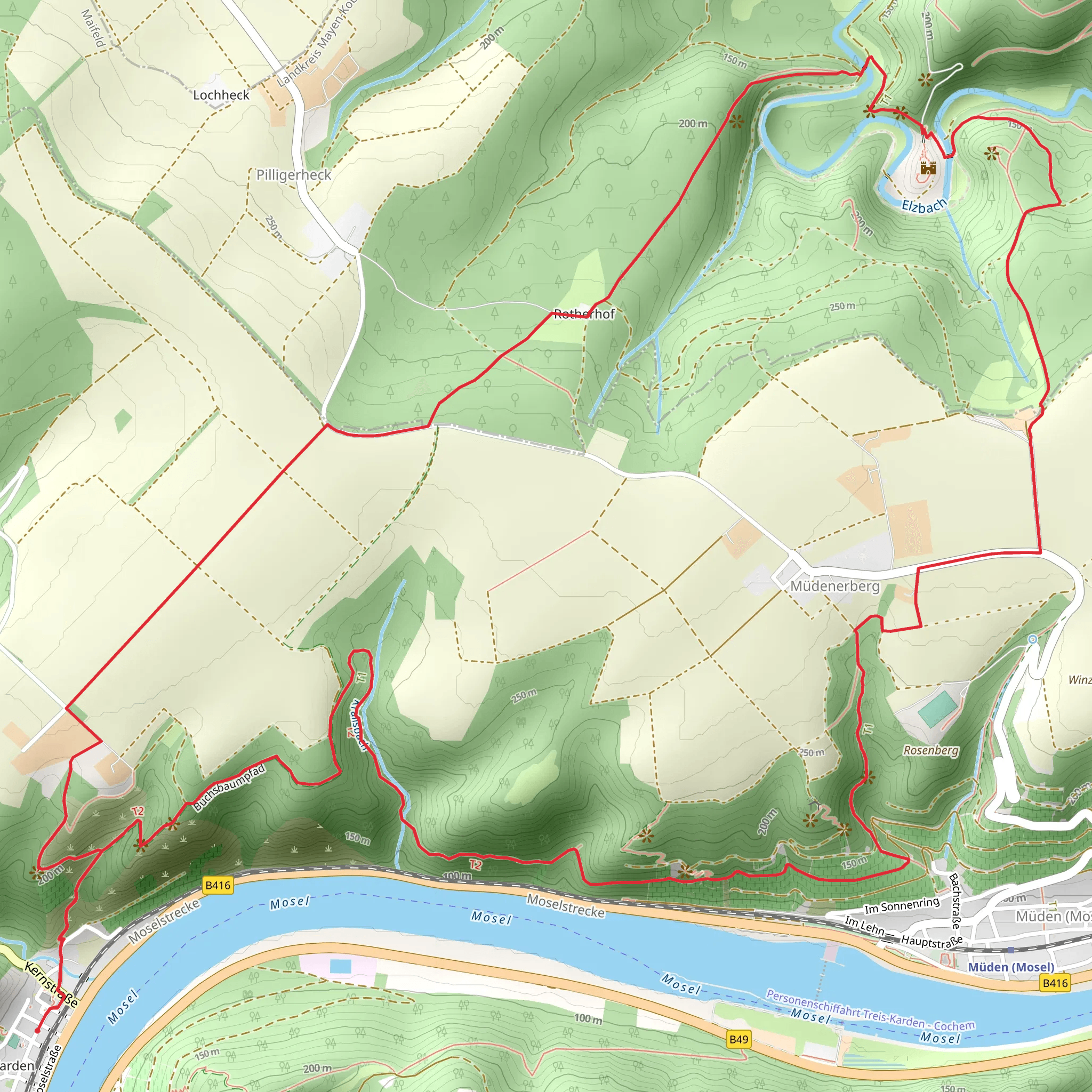 Blick zur Burg Eltz, Burg Eltz and Kompuskopf via Moselhoehenweg mobile static map