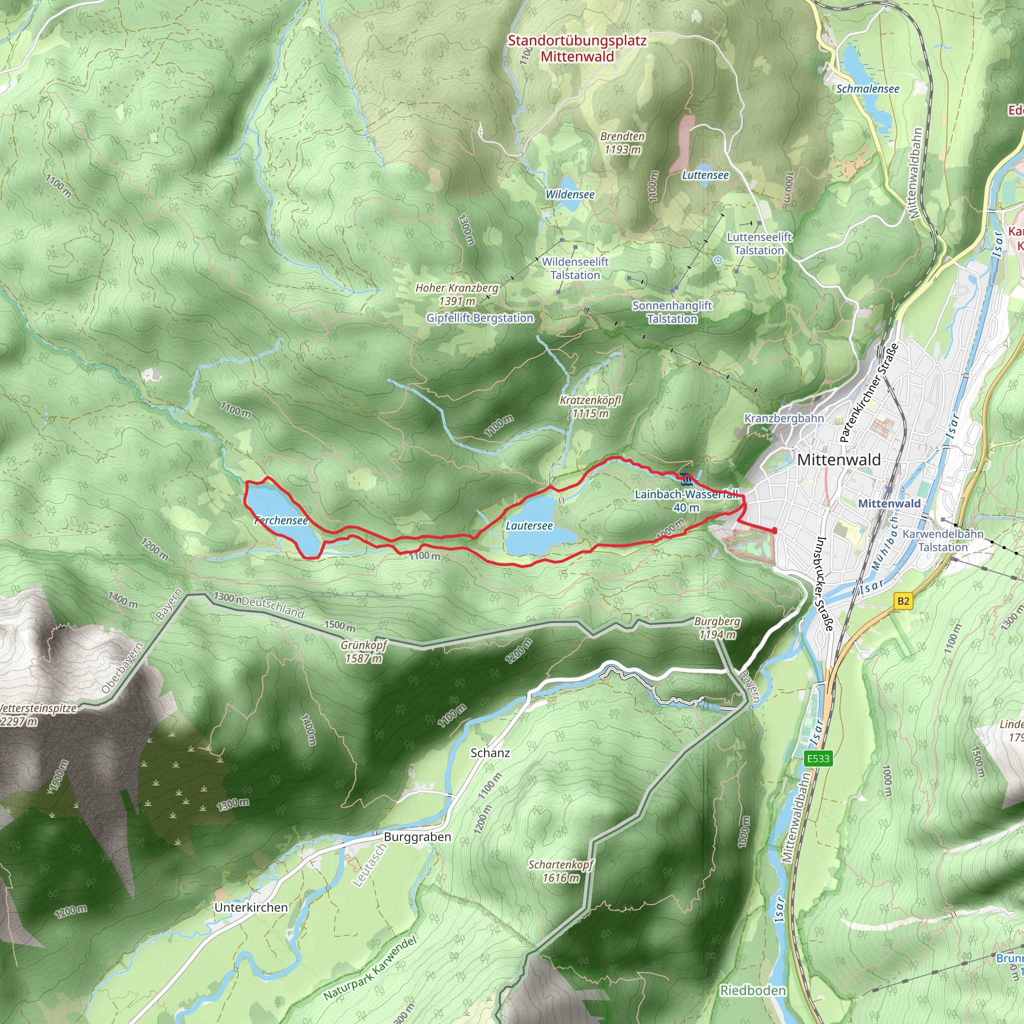 Lainbach-Wasserfall, Lautersee and Ferchensee Loop mobile static map