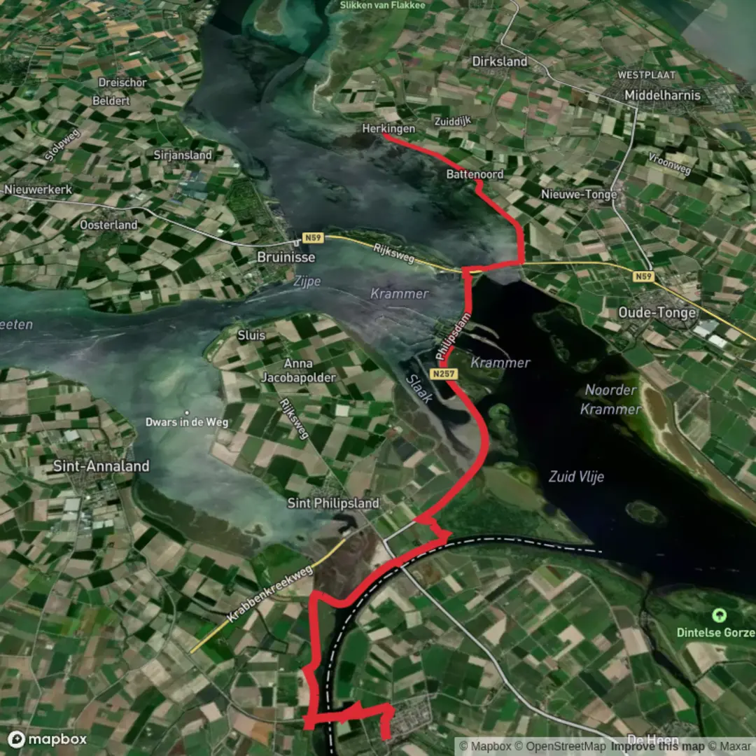 An image depicting the trail NieuwVossemeer to Herkingen via Krammer and its surrounding area.