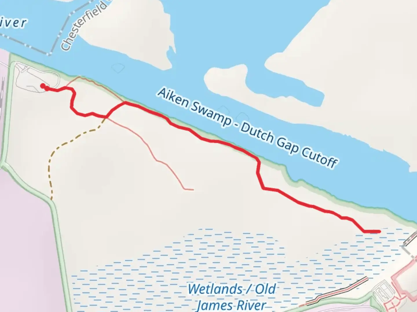 An image depicting the trail Dutch Gap Trails and its surrounding area.