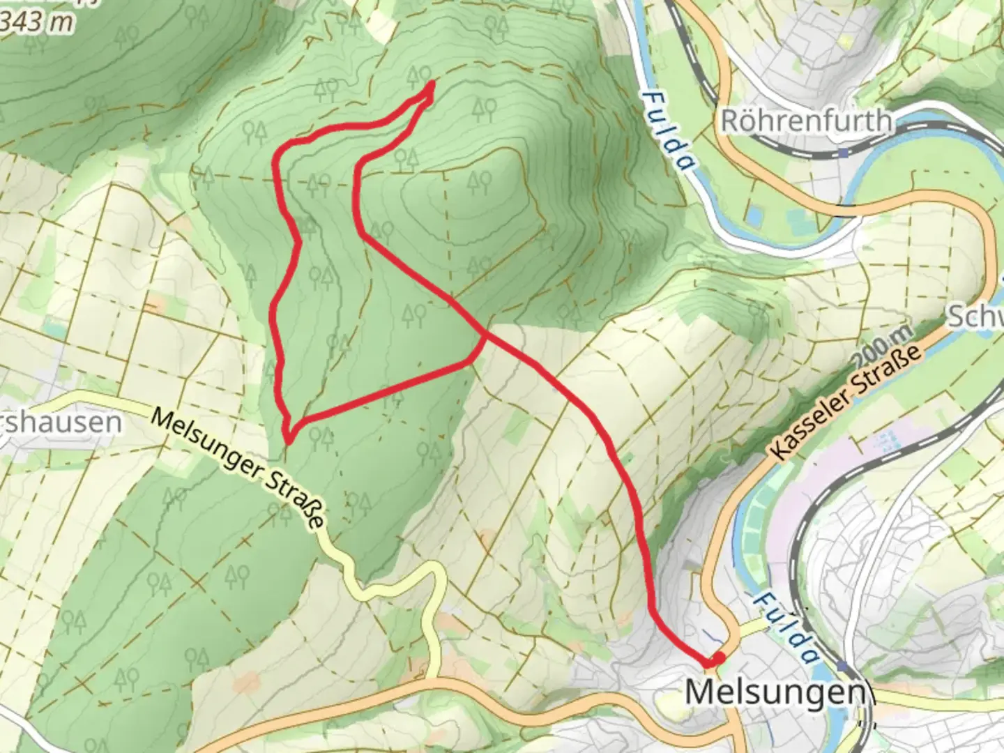 An image depicting the trail Melsunger Rundwanderweg from Schlosspark and its surrounding area.