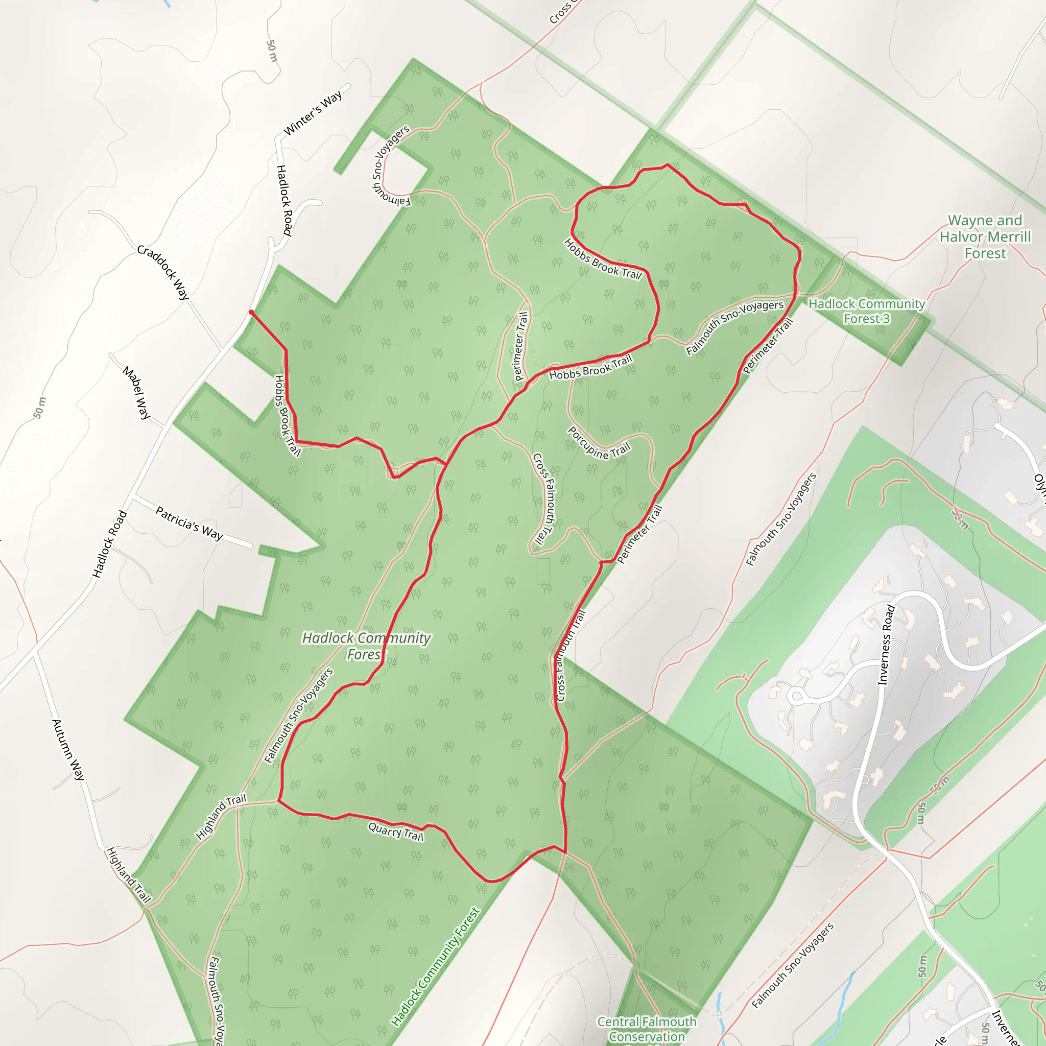 Cross Falmouth Trail and Hobbs Brook Trail Loop mobile static map