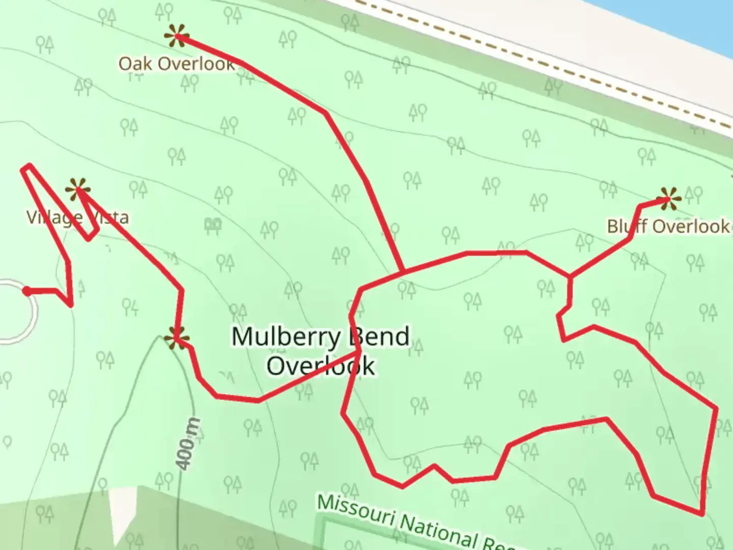An image depicting the trail Mulberry Bend Overlook Loop and its surrounding area.