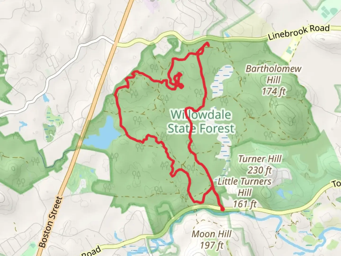 An image depicting the trail Willowdale State Forest from Topsfield Road and its surrounding area.
