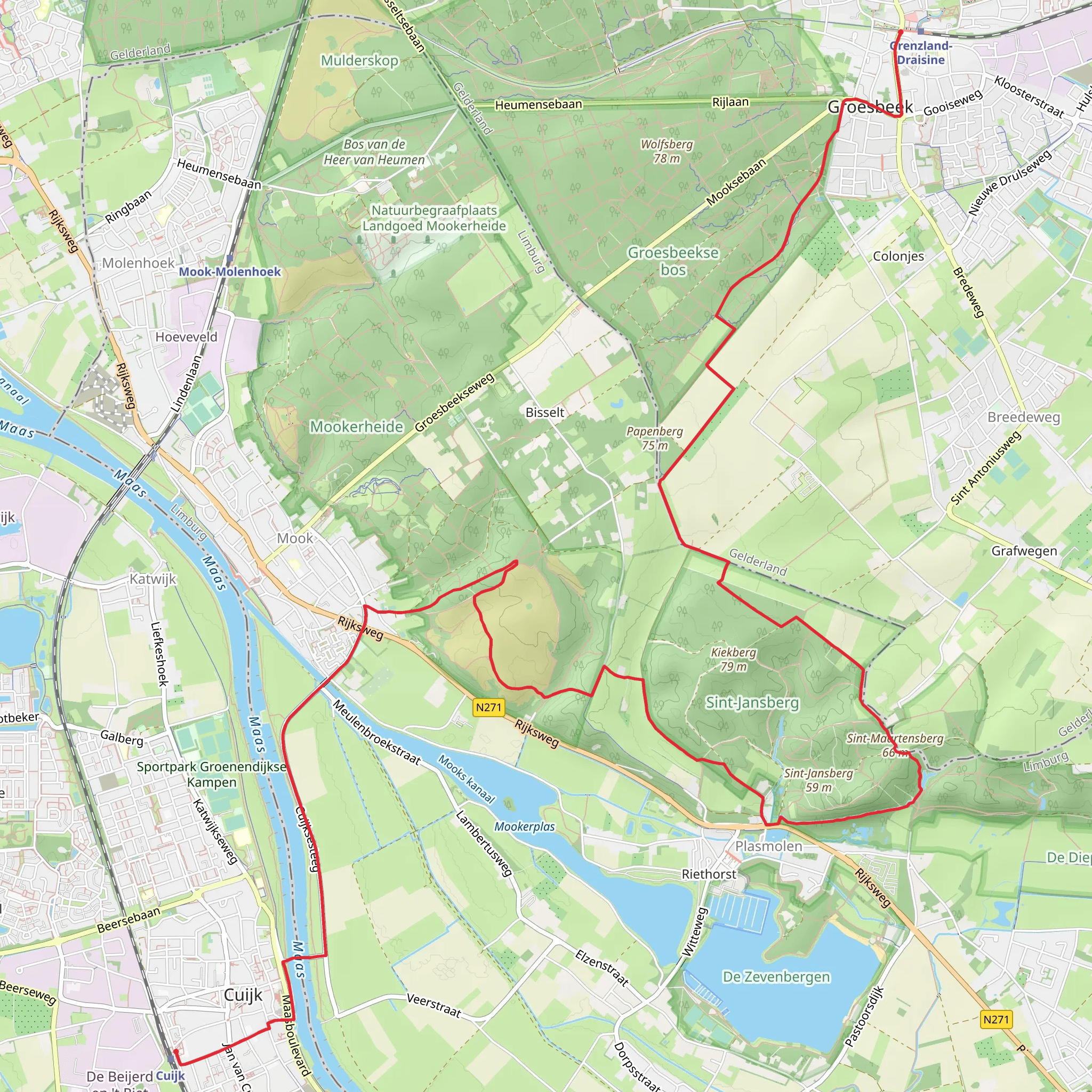 Centrum to Cuijk via Klein Amerika, Ruine Romeinse Villa and Mookerheide mobile static map