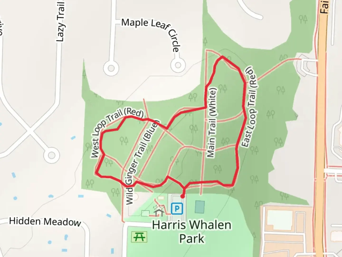 An image depicting the trail Harris Whalen Park Loop Trail and its surrounding area.
