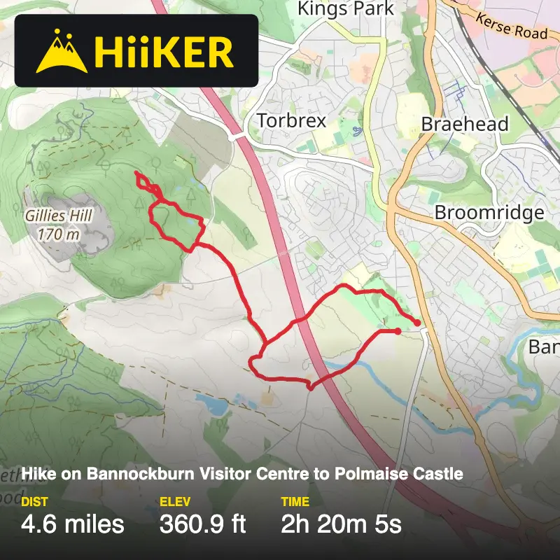 A map preview of the recording Hike on Bannockburn Visitor Centre to Polmaise Castle.